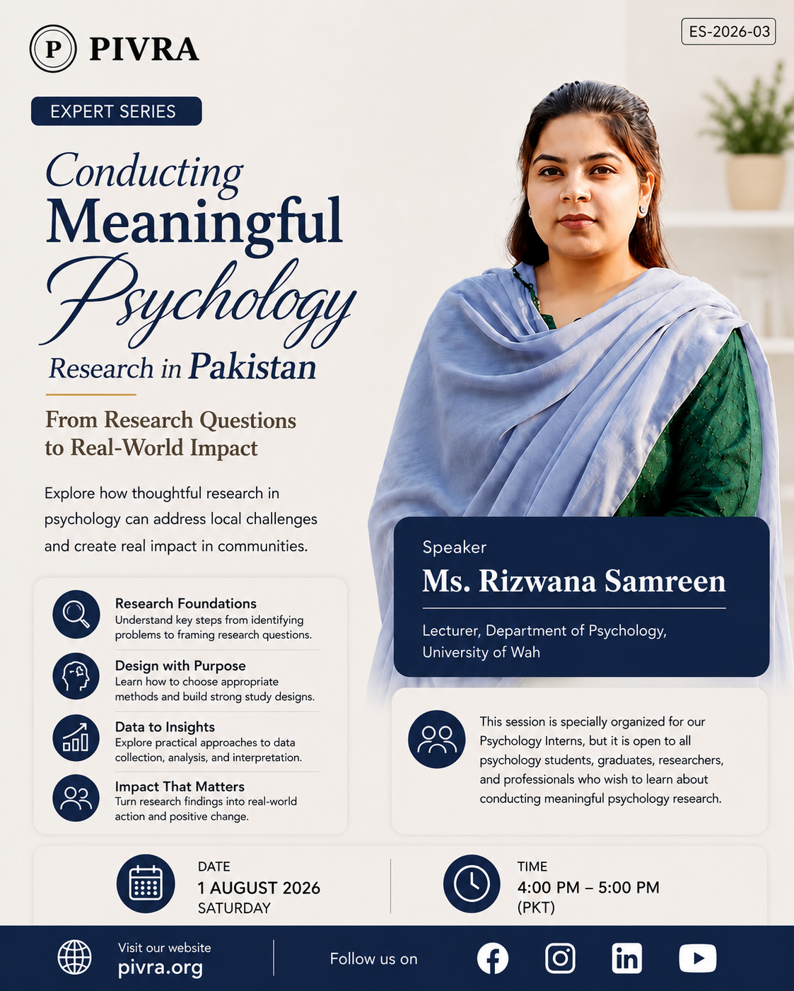 Poster for Expert Series session ES-2026-03, Conducting Meaningful Psychology Research in Pakistan