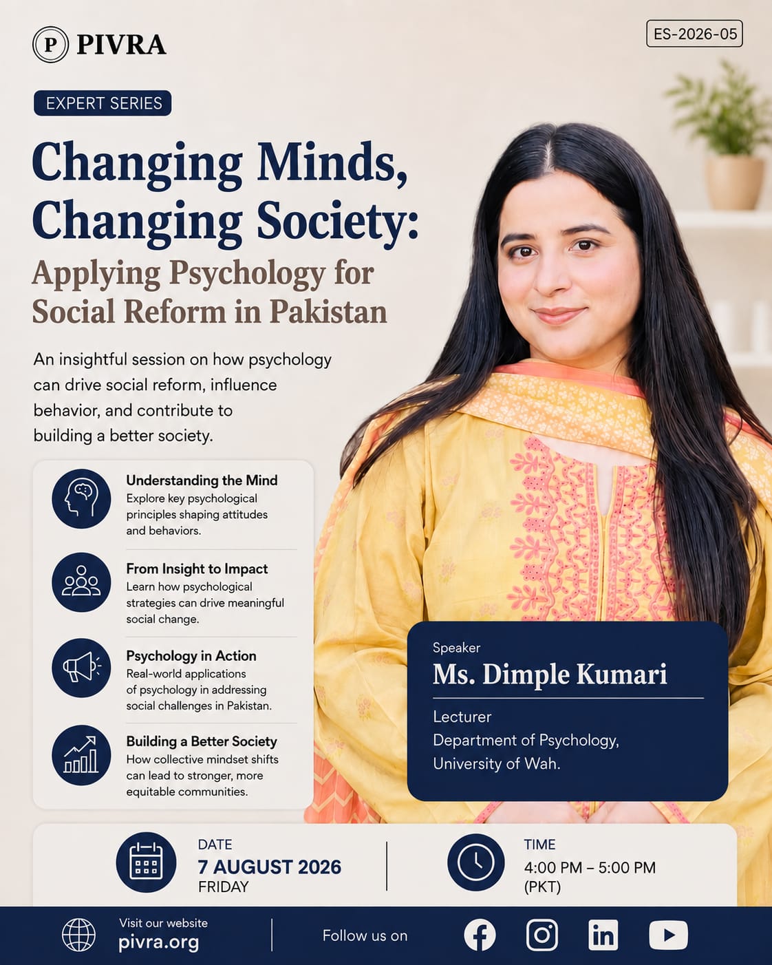 Poster for Expert Series session ES-2026-05, Changing Minds, Changing Society: Applying Psychology for Social Reform in Pakistan