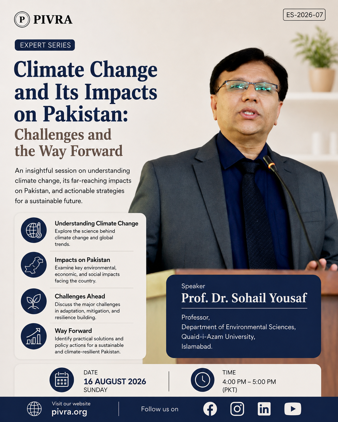 Poster for Expert Series session ES-2026-07, Climate Change and Its Impacts on Pakistan: Challenges and the Way Forward
