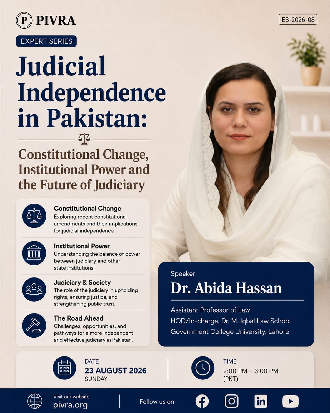 Poster for Expert Series session ES-2026-08, Judicial Independence in Pakistan: Constitutional Change, Institutional Power and the Future of Judiciary