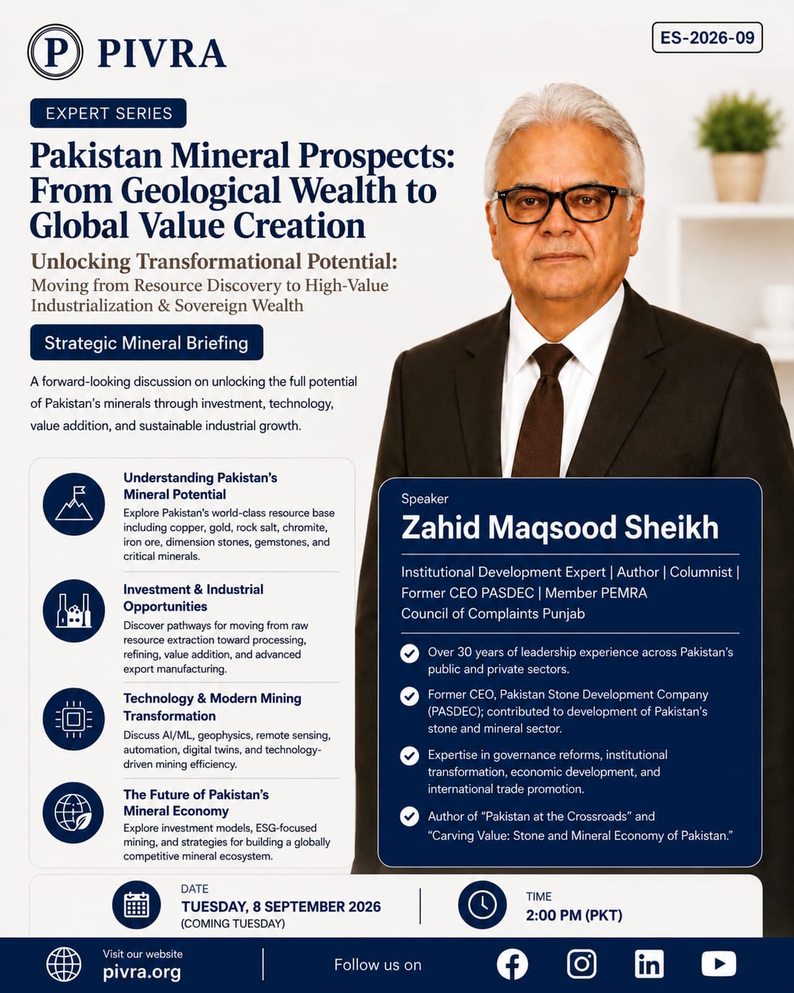 Poster for Expert Series session ES-2026-09, Pakistan Mineral Prospects: From Geological Wealth to Global Value Creation