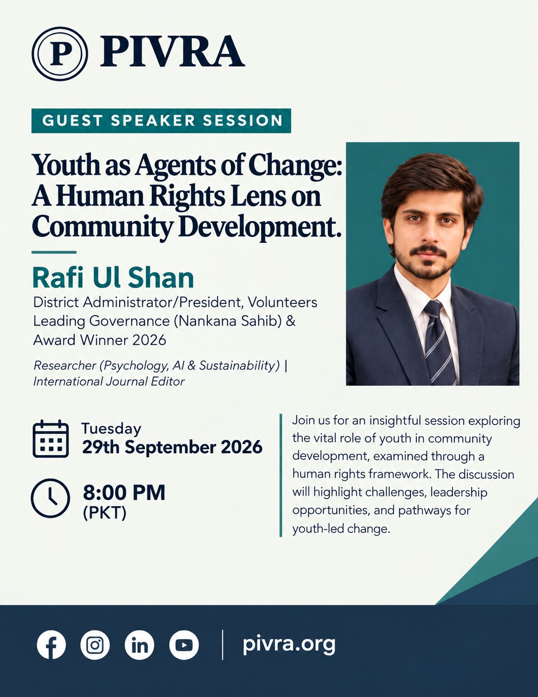 Poster for the Guest Speaker Session Youth as Agents of Change: A Human Rights Lens on Community Development, with Rafi Ul Shan