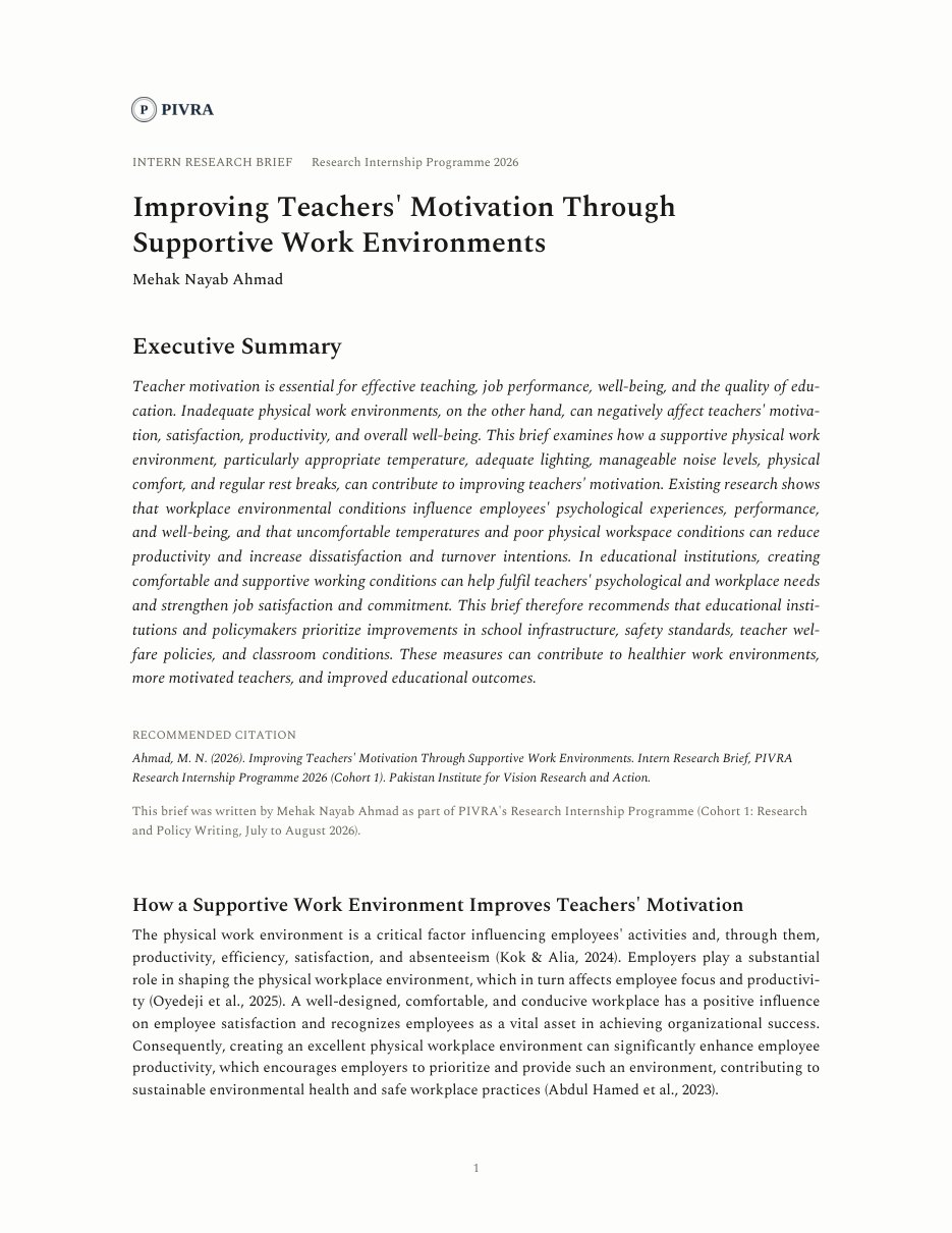 First page of the Intern Research Brief Improving Teachers' Motivation Through Supportive Work Environments by Mehak Nayab Ahmad