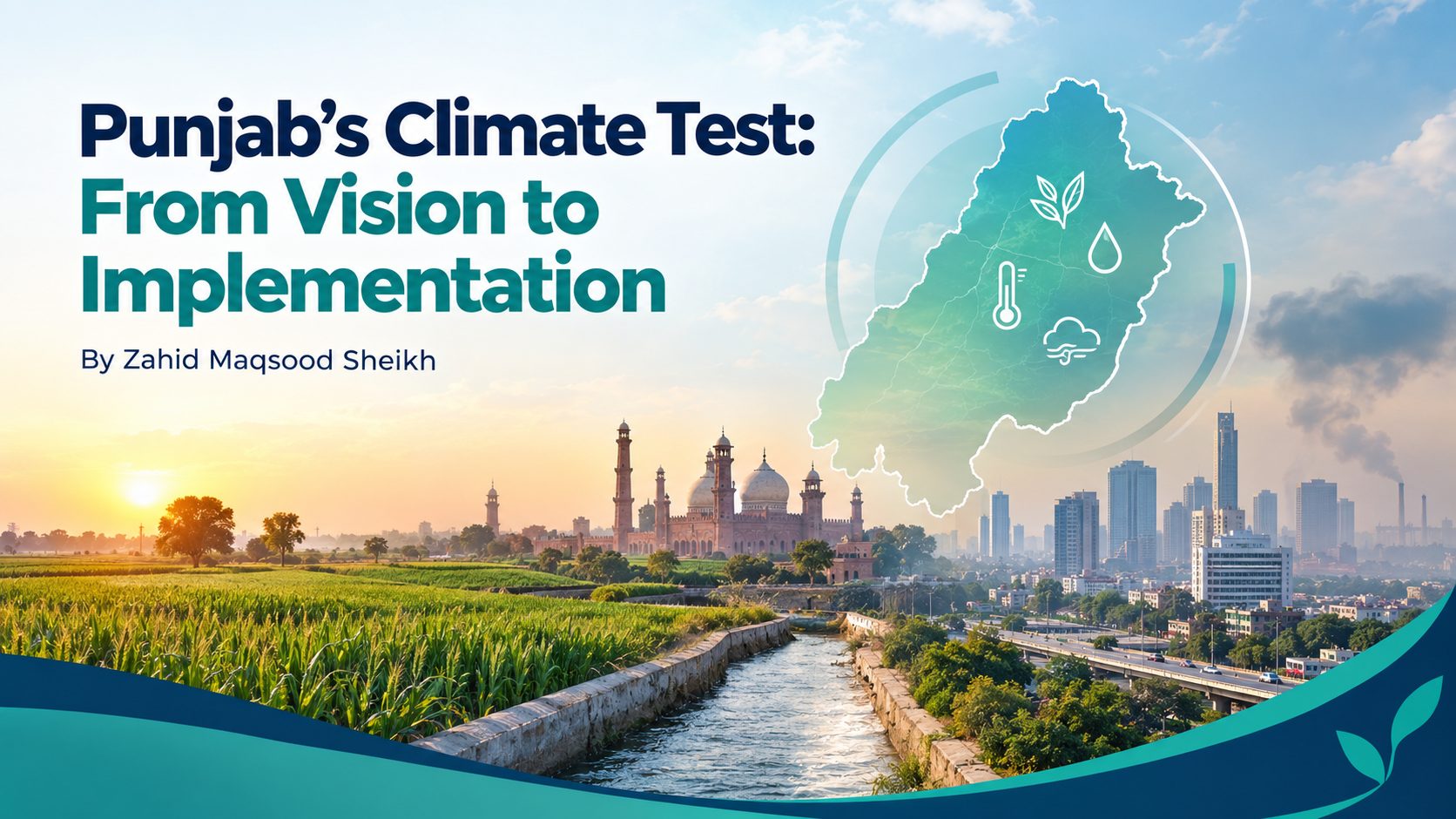 Farmland and an irrigation canal in the foreground with the Badshahi Mosque and the Lahore skyline behind, under the article title and byline.