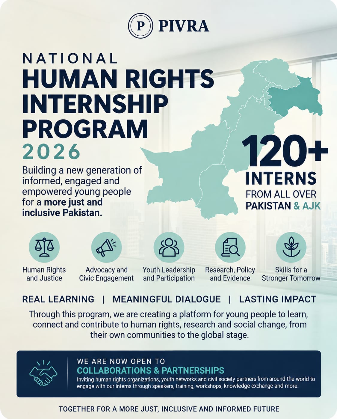 PIVRA National Human Rights Internship Programme 2026 poster — 120+ interns from all over Pakistan and AJK